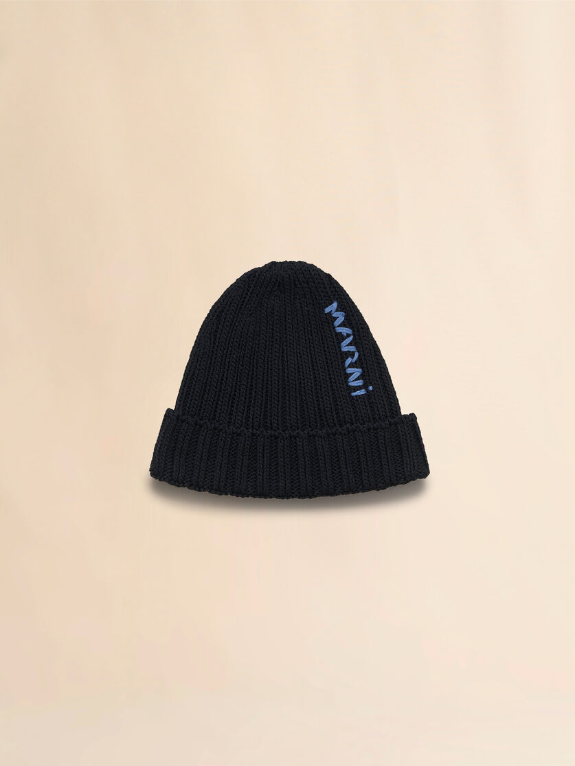 Black cotton beret with embroidered Marni logo - Hats - Image 1