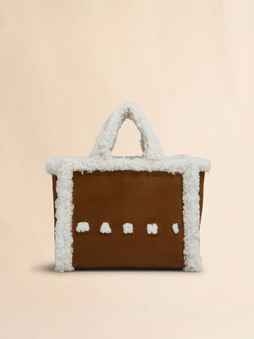 Bolso de ante marrón con ribete de borreguito blanco - Bolsos shopper