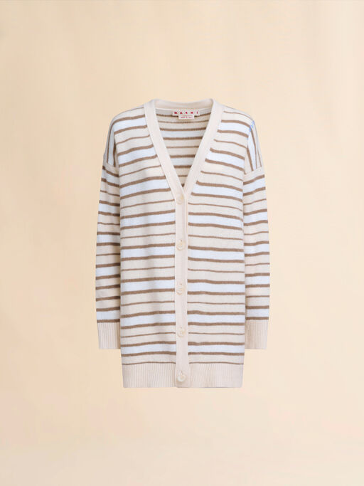 Elfenbeinfarben-weiß gestreifter Cardigan aus Kaschmirmischgewebe mit V-Ausschnitt - Pullover