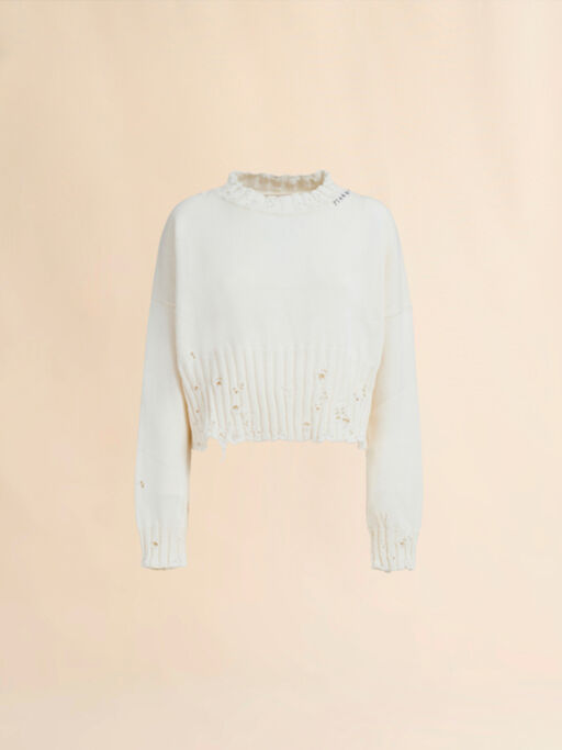 White dishevelled cotton cropped jumper - Pullovers