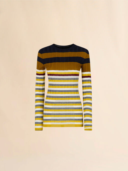 Maglione in lana gialla con righe multicolor - Pullover