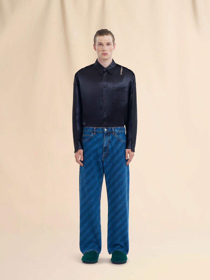 Wide leg blue jeans with diagonal stripe - Pants - Image 2
