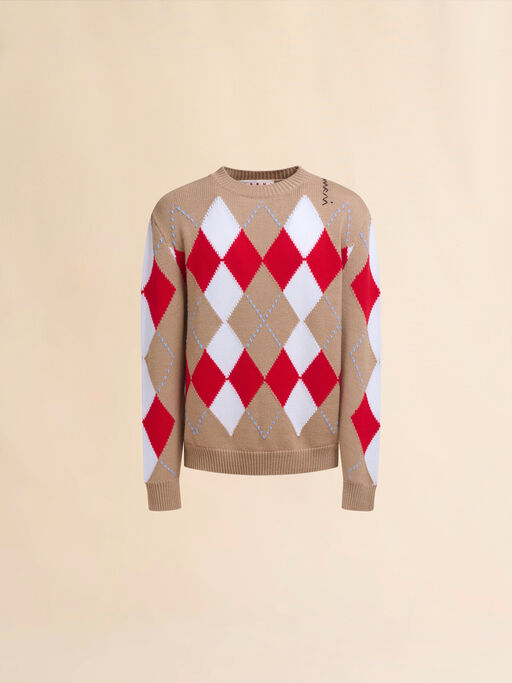 Jersey de lana beige con cuello redondo y estampado Argyle - jerseys