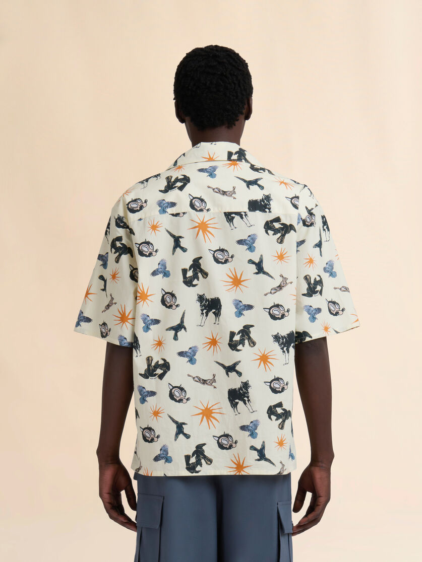 Blue poplin bowling shirt with Wolves, Ravens and Doves print - Shirts - Image 3