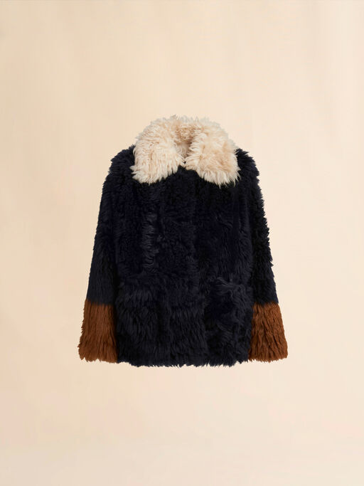 Navy long-hair shearling jacket with contrast trims - Jackets