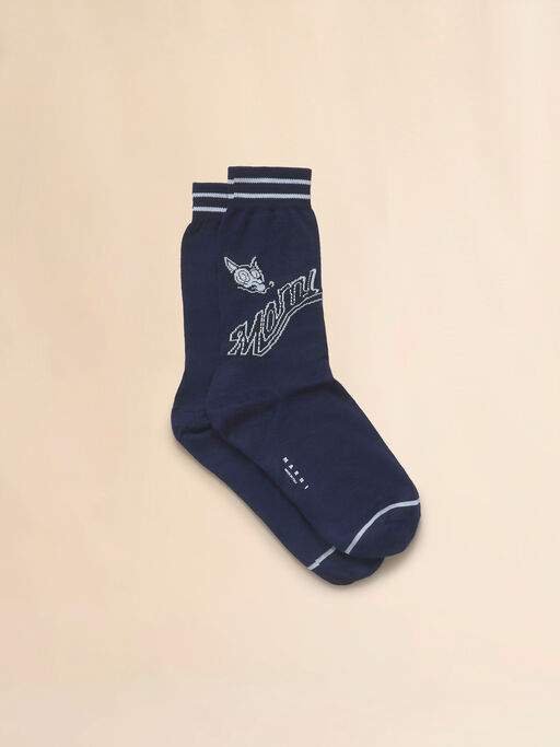 Deep blue cotton socks with wolf detail - Socks