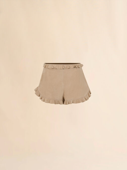 Pantaloncini in suede beige con balza - Pantaloni