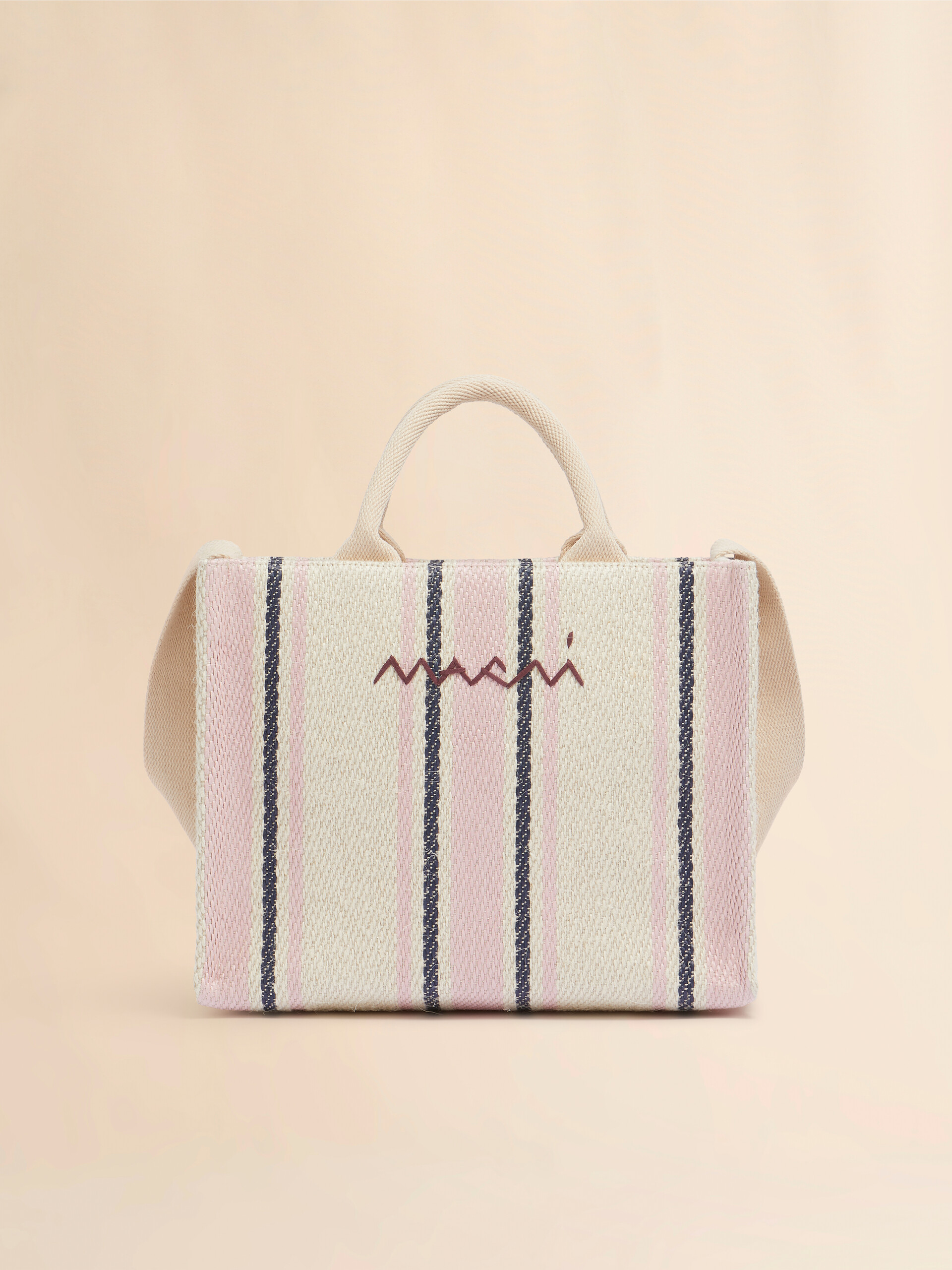 Cream pink and blue striped raffia-effect small Tote Bag. - Shopping Bags - Image 1