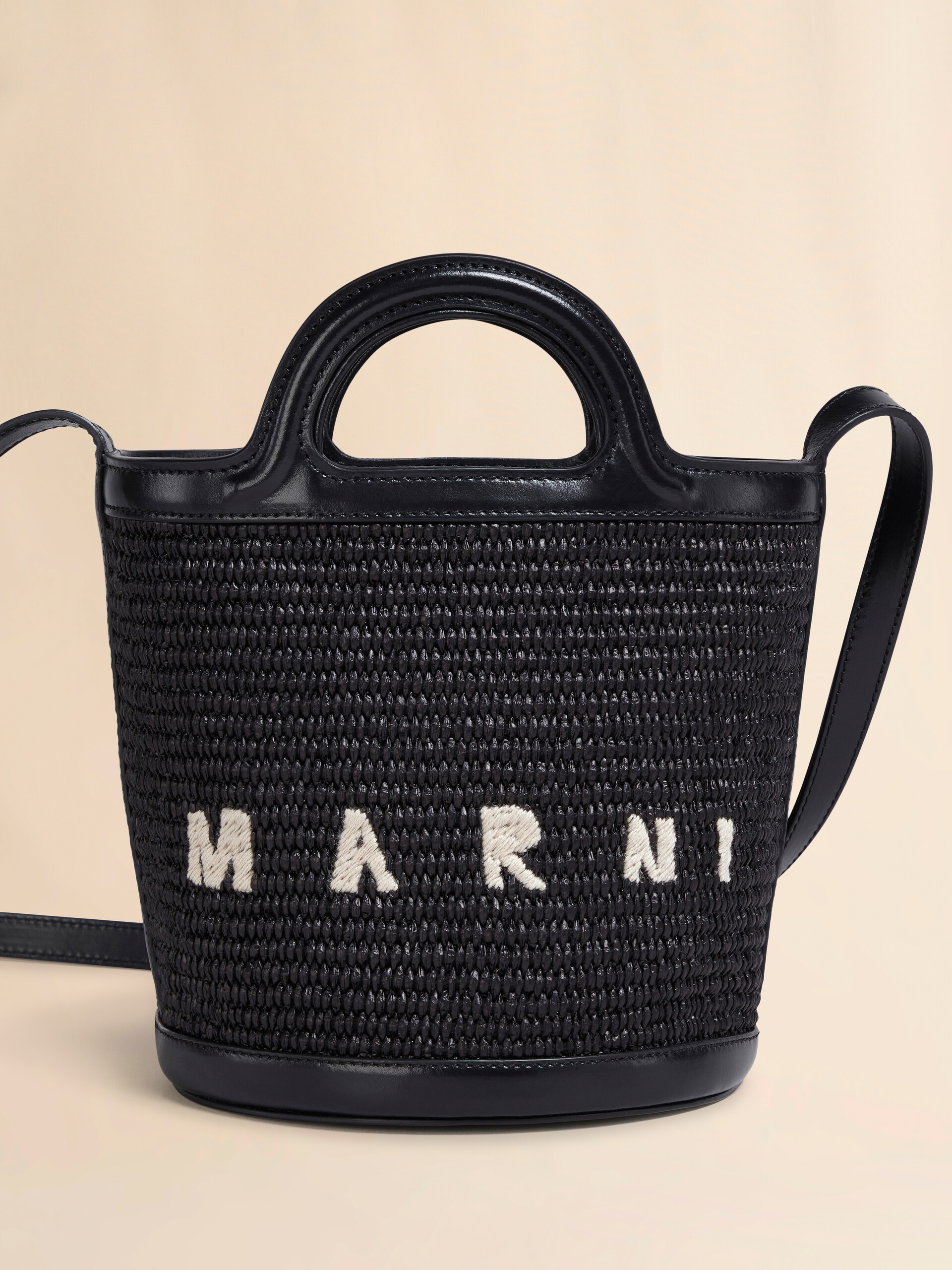 Tropicalia Small Bucket Bag in brown leather and raffia-effect fabric - Shoulder Bags - Image 4